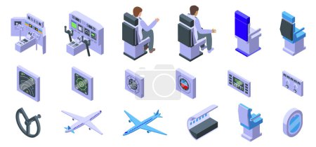 Téléchargez les illustrations : Icônes du poste de pilotage de l'avion ensemble vecteur isométrique. Tableau de bord de l'avion. Commutateur de commande panneau - en licence libre de droit