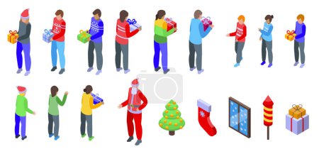 Téléchargez les illustrations : Les gens donnent Noël cadeaux icônes ensemble vecteur isométrique. Célébrez les vacances. Nouvel an hiver - en licence libre de droit