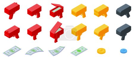 Symbole für Geldkanonen setzen isometrischen Vektor. Schießen Spielzeuggeld. Dollar-Gewinn ausgeben