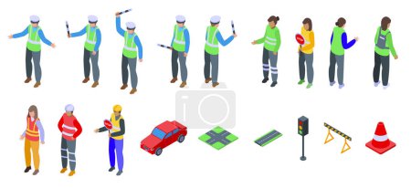 Illustration for Traffic controller icons set isometric vector. Road policeman. Special officer worker - Royalty Free Image
