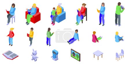 Illustration for Nanny reading kids icons set isometric vector. Family caring. Home caretaker - Royalty Free Image