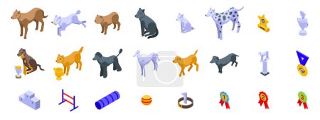Dog champion trophy cup icons set isometric vector. Winner pedestal. Pet place prize