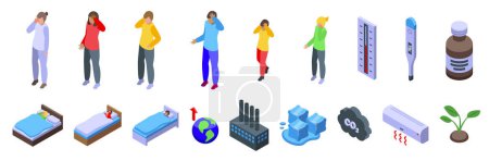 Raised temperature icons set isometric vector. Global warming. Earth climate change