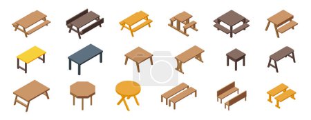 Iconos de picnic de mesa de madera conjunto vector isométrico. Parque jardín vacío. Creación de mobiliario