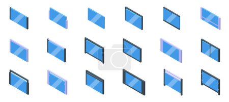 Glass banister balcony icons set isometric vector. Fence terrace. City apartment