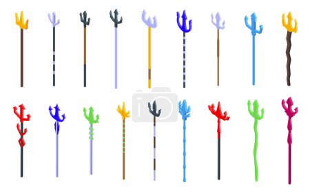 Illustration for Trident staffs icons set isometric vector. Neptune greek weapon. Crook tool - Royalty Free Image