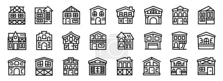 Traditional german houses icons set outline vector. Medieval village. Stone facade