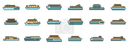 Les icônes du ferry définissent le vecteur de contour. Livraison de bateau. Fret public ligne mince couleur plat isolé