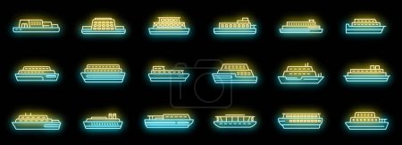 Los iconos del ferry establecen el vector de contorno. Entrega de barcos. Carga pública color neón sobre negro