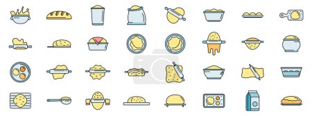 Ilustración de Los iconos de la masa establecen el vector de contorno. Pastel de pizza. Panadería cocina delgada línea de color plano aislado - Imagen libre de derechos