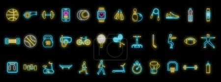 Physical activity icons set outline vector. Yoga person. Gym trainer neon color on black