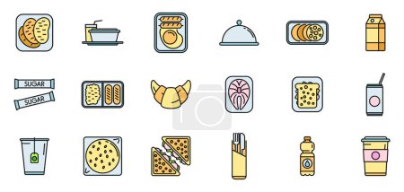 Lebensmittel-Symbole von Fluggesellschaften geben Umrissvektoren vor. Mahlzeit im Flugzeug. Flugzeug dünne Linie Farbe flach isoliert