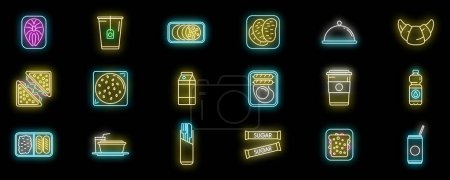 Airline food icons set outline vector. Inflight meal. Air plane neon color on black