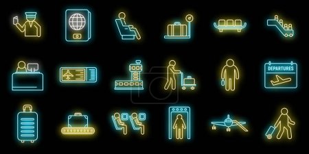 Airline passengers icons set outline vector. People case. Fly plane neon color on black