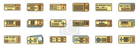 Airline tickets icons set outline vector. Travel trip. Airplane plane thin line color flat isolated