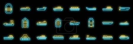 Rescue boat icons set outline vector. Sea aid. Accident rescue neon color on black