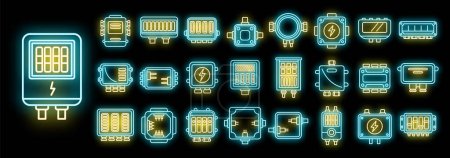 Junction box icons set outline vector. Cable connect. Electric plug neon color on black
