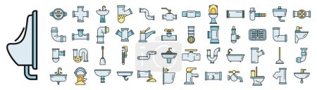 Illustration for Sewerage icons set outline vector. Water leak. Plumber repair thin line color flat on white - Royalty Free Image