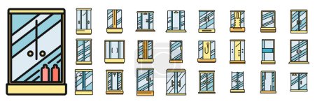 Shower stall icons set outline vector. Ceramic bathroom. Compact corner door thin line color flat on white