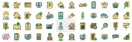 Icons für Immobilieninvestitionen geben Umrissvektoren vor. Investmentmakler. Makler Immobilien dünne Linie Farbe flach auf weiß