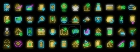 Icons für Immobilieninvestitionen geben Umrissvektoren vor. Investmentmakler. Makler-Immobilien Neon-Farbe auf Schwarz