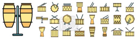 Téléchargez les illustrations : Icônes tambour définir contour vecteur. Musique d'instrument. Bongo basse fine ligne de couleur plate sur blanc - en licence libre de droit