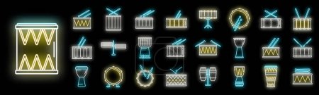 Illustration for Drum icons set outline vector. Instrument music. Bongo bass neon color on black - Royalty Free Image