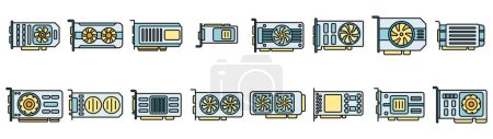 GPU graphic card icons set outline vector. Hard ware. Board capacitor thin line color flat on white