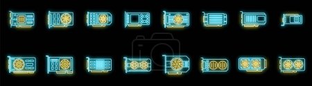 GPU graphic card icons set outline vector. Hard ware. Board capacitor neon color on black