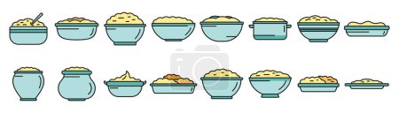 Kartoffelpüree-Symbole setzen Umrissvektoren. Essen Frühstück. Kartoffelbrei dünne Linie Farbe flach auf weiß