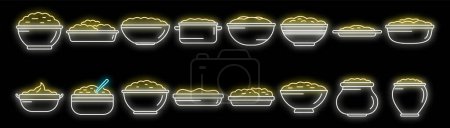 Kartoffelpüree-Symbole setzen Umrissvektoren. Essen Frühstück. Kartoffelbrei neonfarben auf schwarz