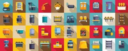 Bread production icons set flat vector. Food factory. Cake machine industry