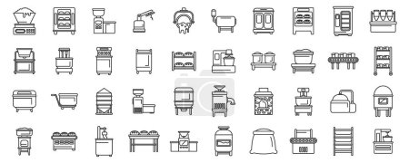Bread production icons set outline vector. Food factory. Cake machine industry