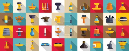 Hookah accessories icons set flat vector. Smoke flame shop. Tobacco lifestyle