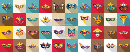 Carnival of Venice icons set flat vector. Costume mask. Hero italy fashion