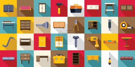 Illustration for Furniture assembly icons set flat vector. Wood work. Design production - Royalty Free Image