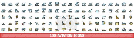 Ensemble de 100 icônes de l'aviation. Jeu de lignes de couleurs d'icônes vectorielles d'aviation couleur de ligne mince à plat sur blanc