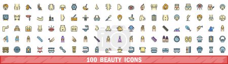 100 Beauty-Ikonen gesetzt. Farbe Linie Set von Beauty-Vektor-Symbolen dünne Linie Farbe flach auf weiß