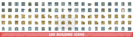 Téléchargez les illustrations : Ensemble de 100 icônes de bâtiment. Ensemble de lignes de couleurs d'icônes vectorielles de construction couleur de ligne mince à plat sur blanc - en licence libre de droit