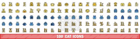 Téléchargez les illustrations : Ensemble de 100 icônes de chat. Jeu de lignes de couleurs d'icônes vectorielles chat mince ligne de couleur plate sur blanc - en licence libre de droit