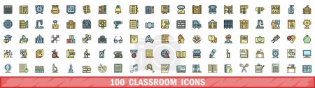 Illustration for 100 classroom icons set. Color line set of classroom vector icons thin line color flat on white - Royalty Free Image