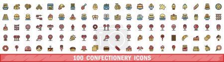 100 confectionery icons set. Color line set of confectionery vector icons thin line color flat on white