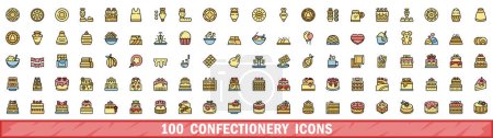 Ensemble de 100 icônes de confiserie. Jeu de lignes de couleurs d'icônes vectorielles de confiserie couleur de ligne mince à plat sur blanc
