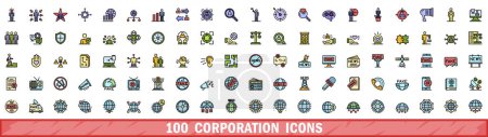 100 corporation icons set. Color line set of corporation vector icons thin line color flat on white