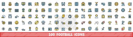 100 iconos de fútbol. Línea de color conjunto de iconos vectoriales de fútbol delgada línea de color plano en blanco