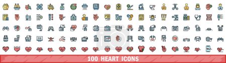 Téléchargez les illustrations : Ensemble de 100 icônes du cœur. Ensemble de lignes de couleurs d'icônes vectorielles de coeur couleur de ligne mince à plat sur blanc - en licence libre de droit