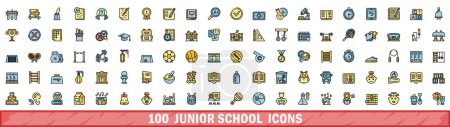 100 Ikonen der Mittelschule gesetzt. Farbe Linie Satz von Junior School Vektor Symbole dünne Linie Farbe flach auf weiß