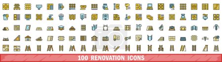 Téléchargez les illustrations : Ensemble de 100 icônes de rénovation. Ensemble de lignes de couleurs d'icônes vectorielles de rénovation couleur de ligne mince à plat sur blanc - en licence libre de droit