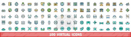 100 virtual icons set. Color line set of virtual vector icons thin line color flat on white