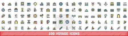 Ensemble de 100 icônes de voyage. Jeu de lignes de couleurs d'icônes vectorielles de voyage couleur de ligne mince à plat sur blanc